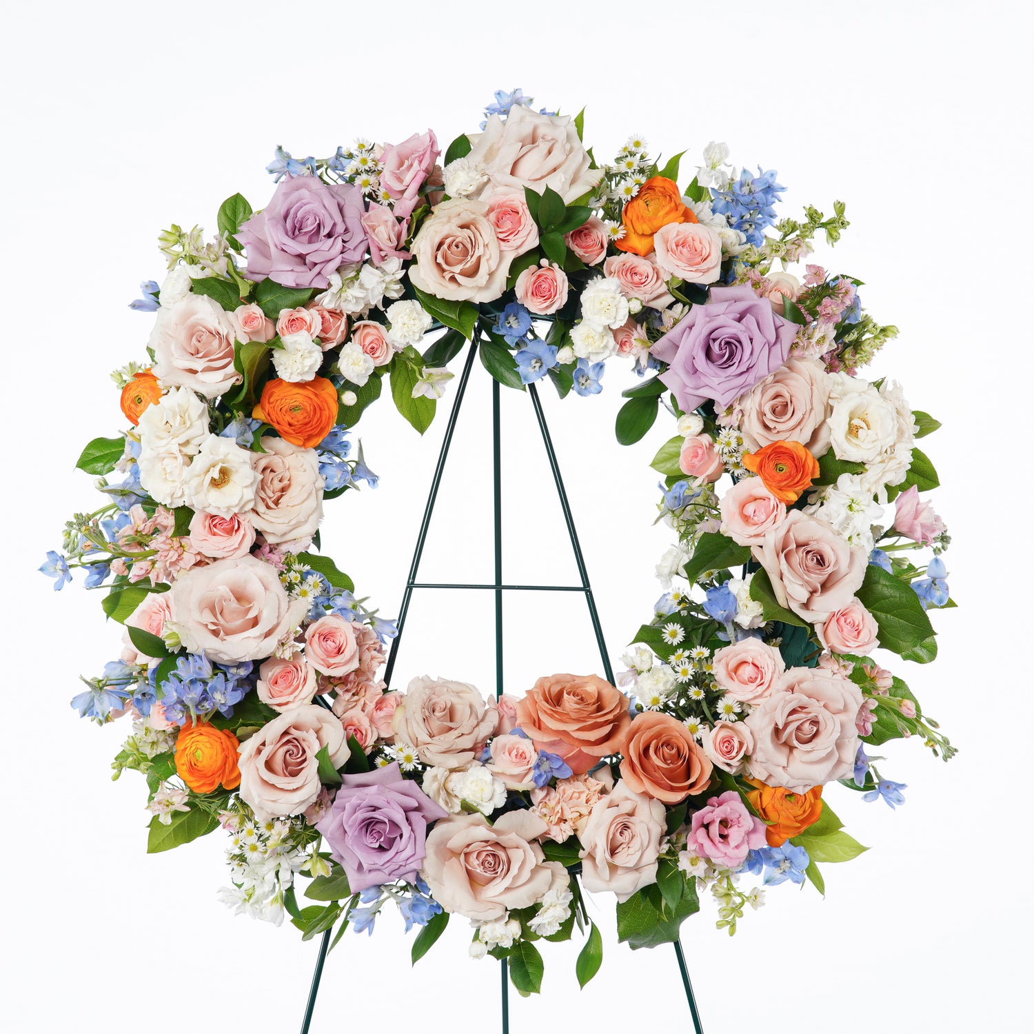 This wreath can be displayed on an easel at a funeral home, memorial service, place of worship, or post-service reception. We will hand-select the finest in-season flowers in your chosen color scheme, ensuring a truly one-of-a-kind design that captures the spirit of your loved one. Atlanta flower delivery